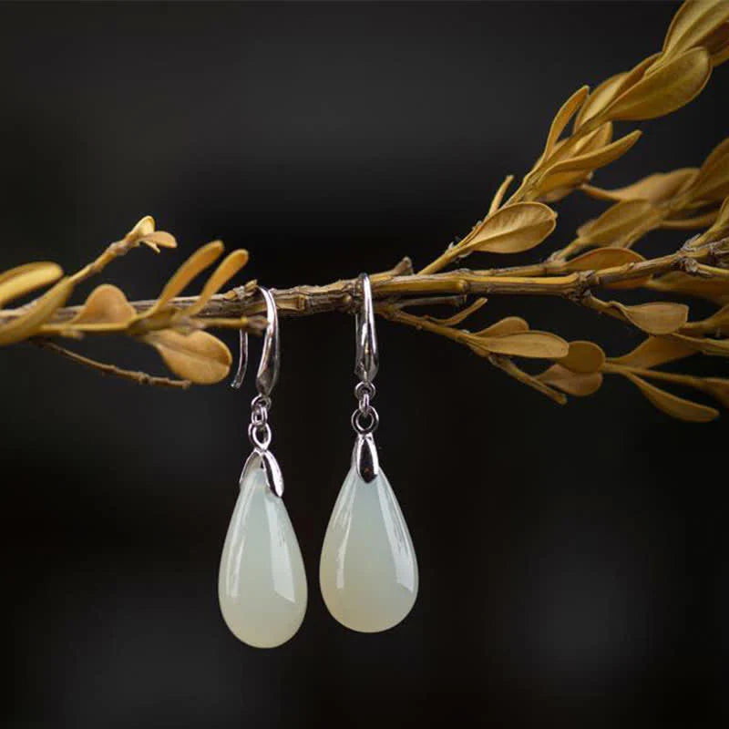Buddha Stones Hetian White Jade Water Drop Luck Blessing Dangle Earrings (Extra 30% Off | USE CODE: FS30)
