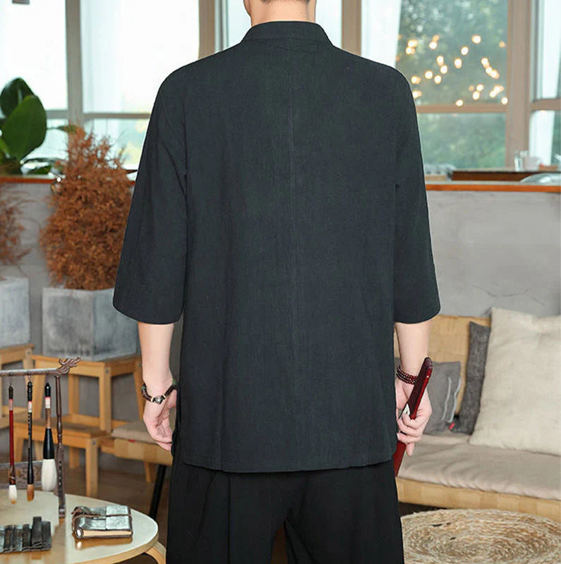 Buddha Stones Frog-Button Chinese Tang Suit Three Quarter Sleeve Cotton Linen Men's Shirt