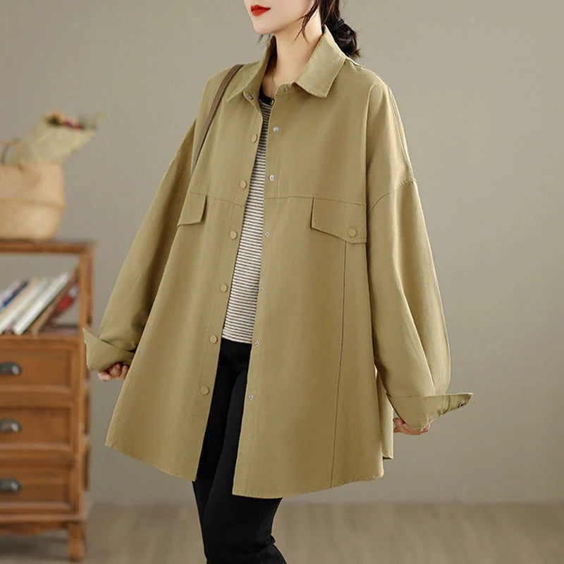 Buddha Stones Fall Pure Color Lapel Button Simple Design Women's Cotton Long Sleeve Jacket