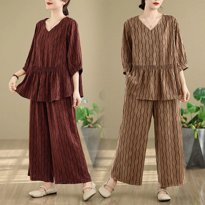 Buddha Stones 2pcs Striped Pattern Short Sleeve Shirt Polyester 7 Length Harem Pants Set With Pocket