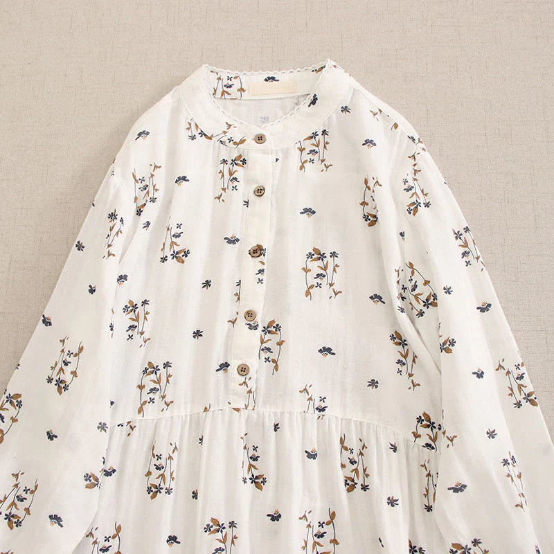 Buddha Stones Spring Small Floral Print Buttons Design Crew Neck Long Sleeve Midi Dress With Pockets