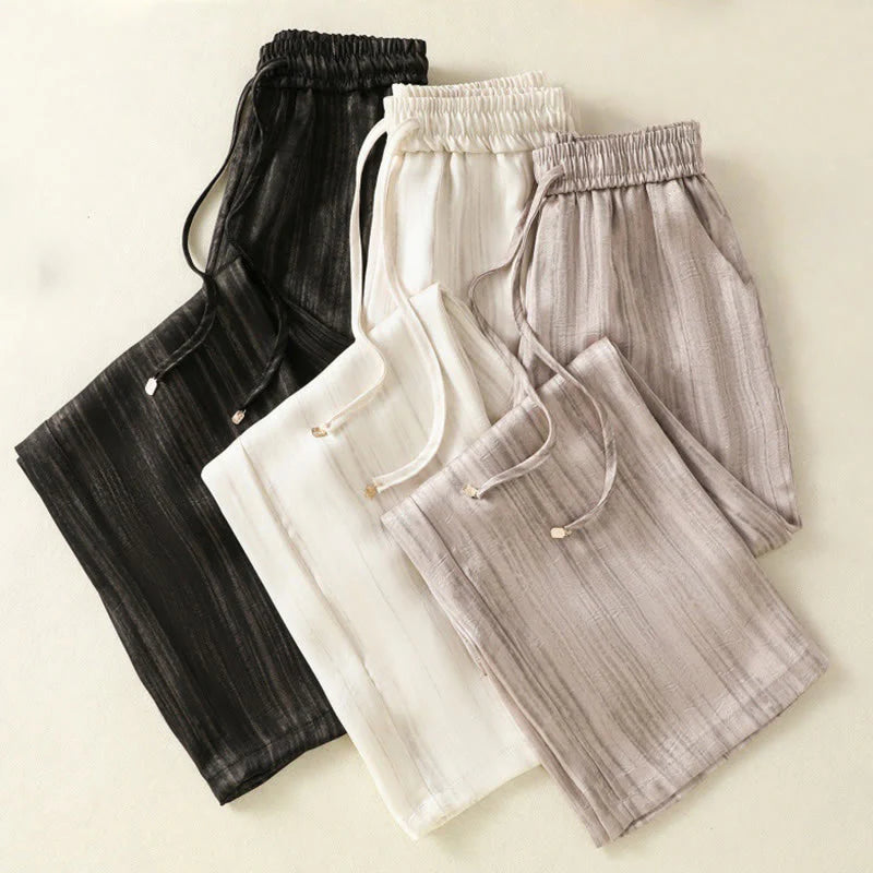 Buddha Stones Artistic Casual Vertical Lines Pattern Drawstring Ankle-length Women's Pants With Pockets
