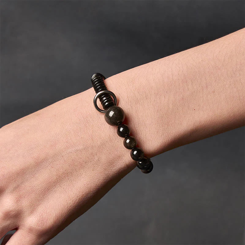 Buddha Stones Silver Sheen Obsidian Coconut Shell Protection Bracelet