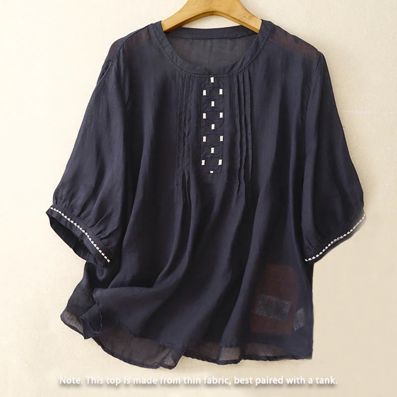 Buddha Stones Embroidery Crew Neck Pleats Women's Cotton Linen Half Sleeve T-shirt