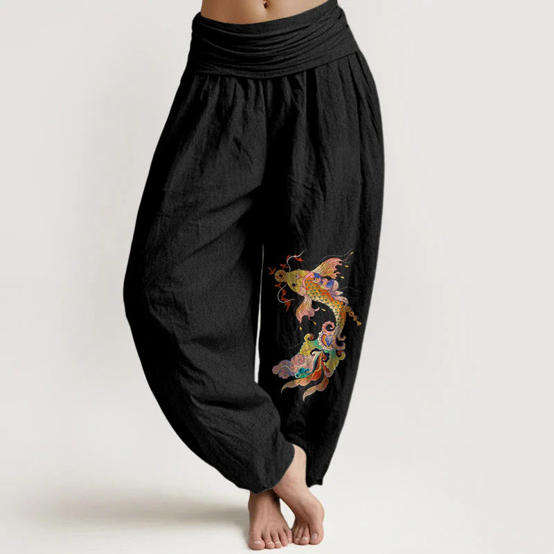 Buddha Stones Pure Cotton Brightly Colored Koi Fish Copper Coins Chinese Characters Pattern Women's Elastic Waist Harem Pants