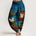 Buddha Stones Cotton Exquisite Crane Architecture Pine Tree Cloud Pattern Women's Elastic Waist Harem Pants