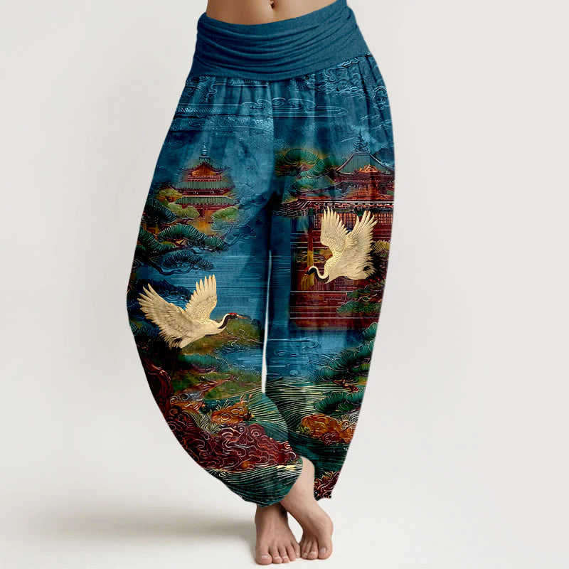 Buddha Stones Cotton Exquisite Crane Architecture Pine Tree Cloud Pattern Women's Elastic Waist Harem Pants