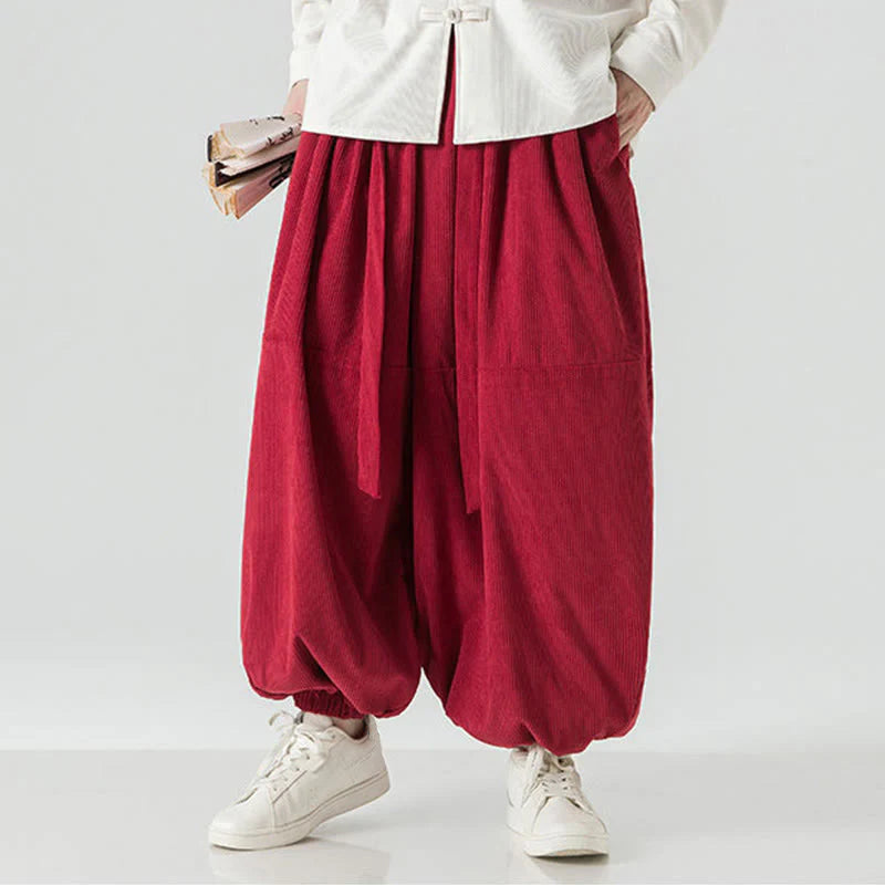 Buddha Stones Winter Solid Color Men's Harem Pure Cotton Corduroy Pants With Pockets
