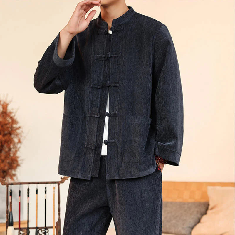 Buddha Stones 2Pcs Winter Thick Men's Tang Suit Frog-Button Cotton Corduroy Long Sleeve Jacket Pants Set With Pockets