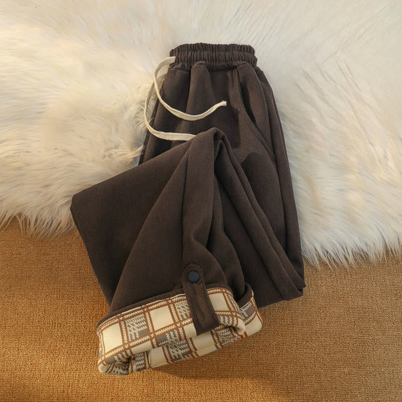 Buddha Stones Women's Patchwork Cotton Corduroy Fleece-Lined Wide Leg Pants With Pockets