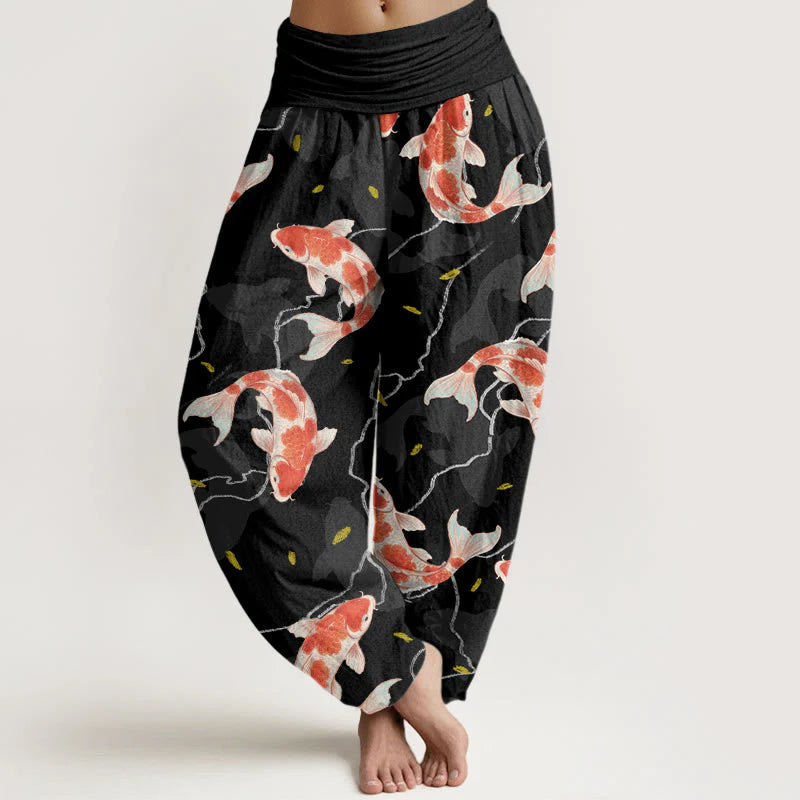 Buddha Stones Cotton Red White Koi Fish Pattern Design Women's Elastic Waist Harem Pants