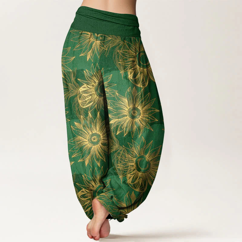 Buddha Stones Cotton Retro Print Flower Pattern Women's Elastic Waist Harem Pants