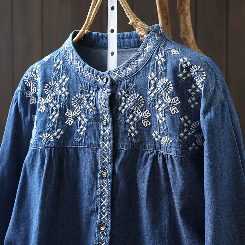 Buddha Stones Geometry Floral Embroidery Cotton Denim Half Buttons Long Sleeve Women's Shirt