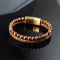Buddha Stones Multi-layer Woven Tiger Eye Stone Beads Leather Titanium Steel Strength Buckle Bracelet