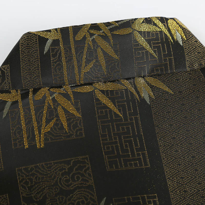 Buddha Stones Golden Bamboo Jacquard Frog-Button Long Sleeve Men's Jacket With Pockets