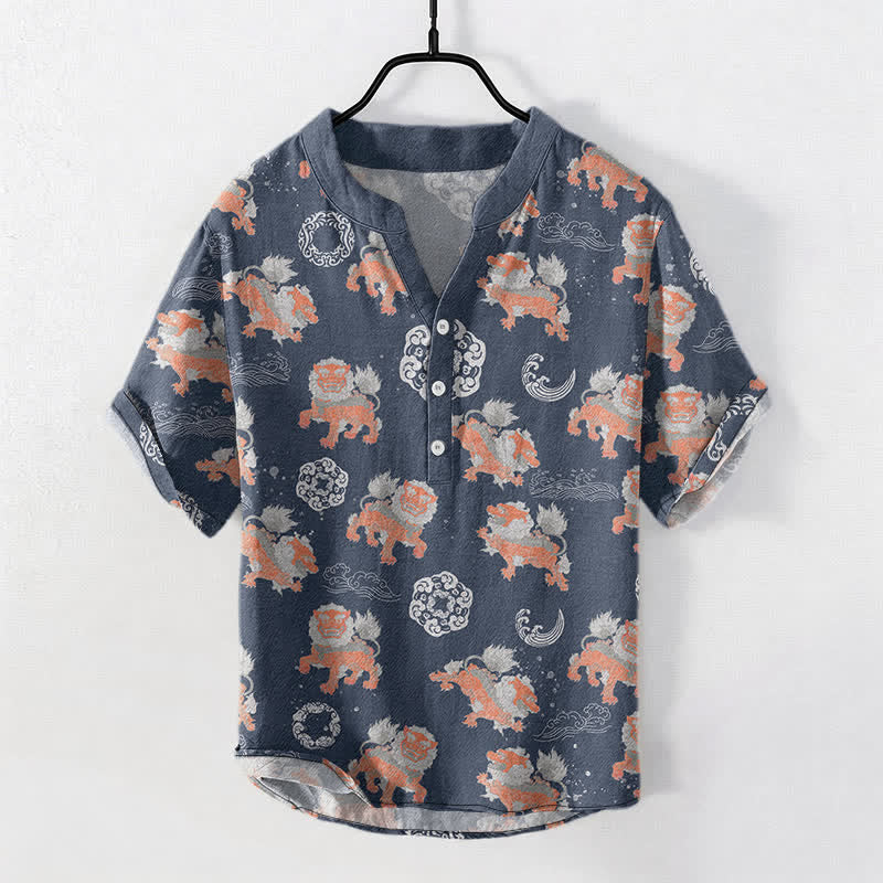 Buddha Stones Cotton Lion Waves Cloud Men's Short Sleeve Shirt Lightweight Resort Boxy Fit