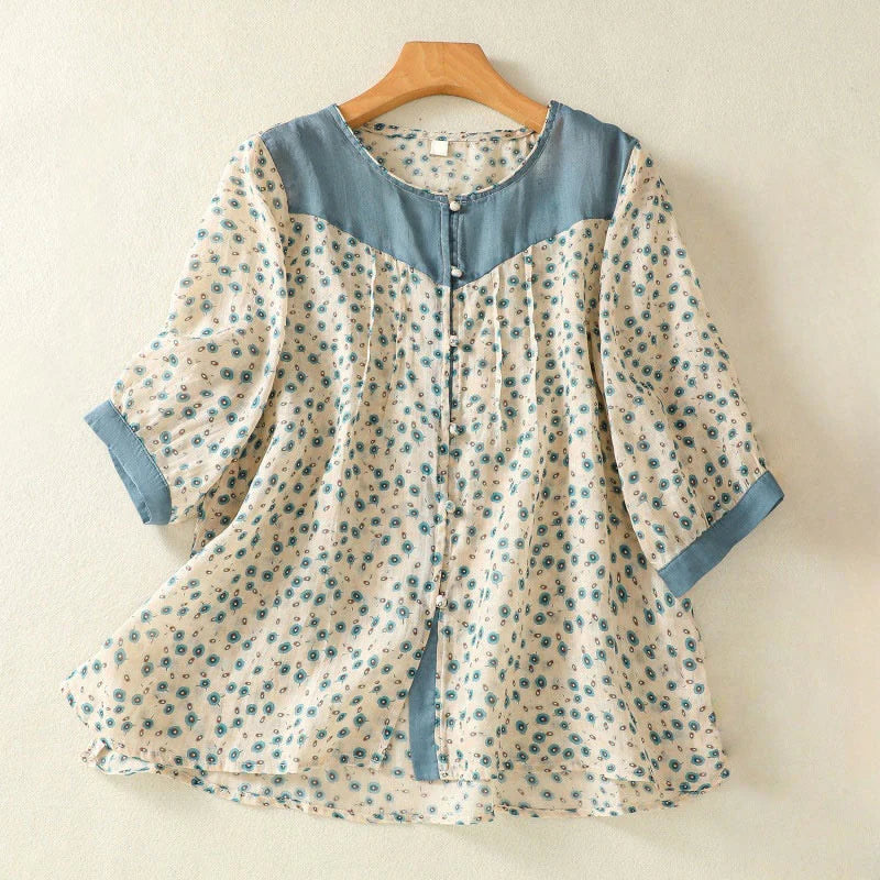 Buddha Stones Printing Floral Buttons Color Contrast Half Sleeve Women's Shirt