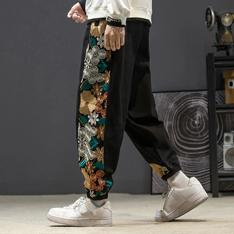 Buddha Stones Spring Men's Embroidered Flower Pattern Patchwork Cotton Pants With Pockets
