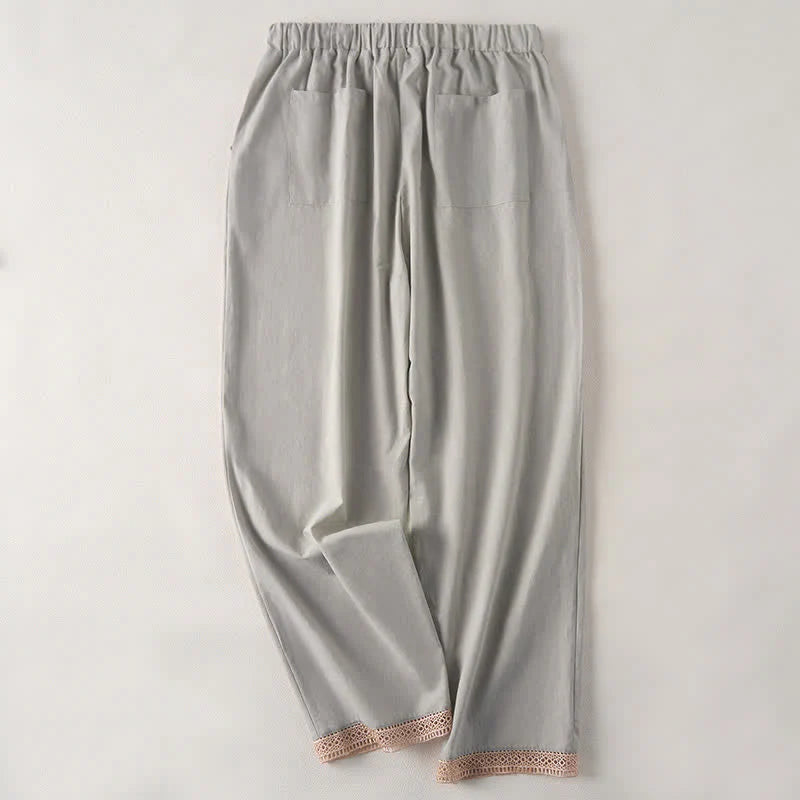 Buddha Stones Summer Lace-trimmed Hem Solid Color Women's Tapered Pants With Pockets