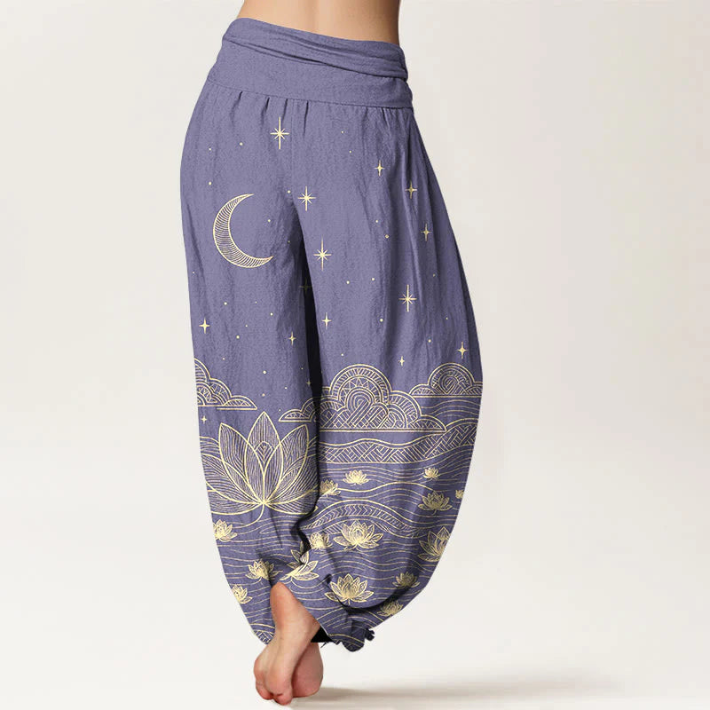 Buddha Stones Pure Cotton Elegant Moon Star Cloud Lotus Flower Water Ripple Pattern Women's Elastic Waist Harem Pants