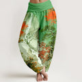 Buddha Stones Pure Cotton Color Coordinated Landscape Tree Pattern Women's Elastic Waist Harem Pants