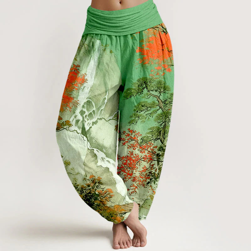 Buddha Stones Pure Cotton Color Coordinated Landscape Tree Pattern Women's Elastic Waist Harem Pants
