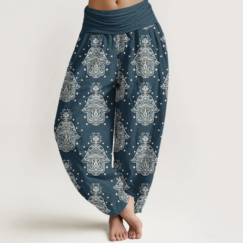 Buddha Stones Cotton Neatly Arranged Hamsa's Hand Pattern Women's Elastic Waist Harem Pants