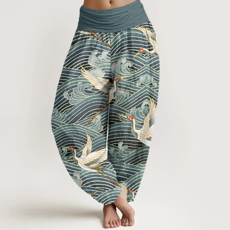Buddha Stones Cotton Casual Crane Ocean Waves Pattern Elastic Waist Women's Harem Pants