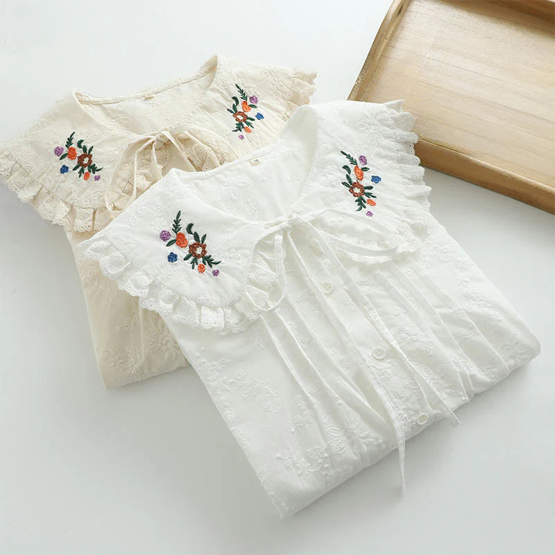 Buddha Stones Fall White Floral Embroidery Peter Pan Collar Buttons Women's Cotton Long Sleeve Shirt