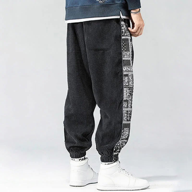 Buddha Stones Fall Solid Drawstring Side Paisley Pattern Straight Leg Ankle-length Corduroy Men's Pants With Pockets