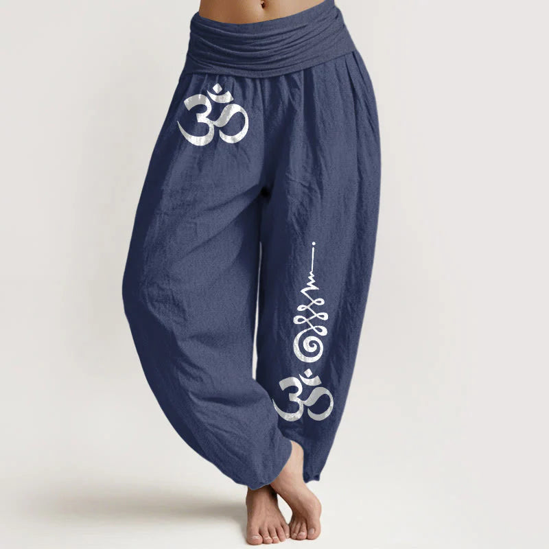Buddha Stones Cotton Calm OM Energy Lines Pattern Women's Elastic Waist Harem Pants