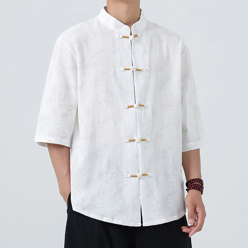 Buddha Stones Summer Bamboo Leaves Pattern Chinese Frog-Button Cotton Linen Short Sleeve Men's Shirt