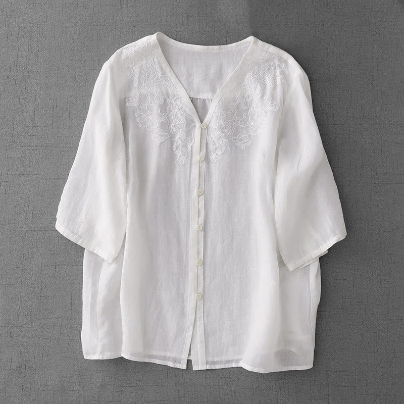Buddha Stones Artistic Pure Color Embroidered Front Button Design Women's Cotton Half Sleeve Shirt Cardigan