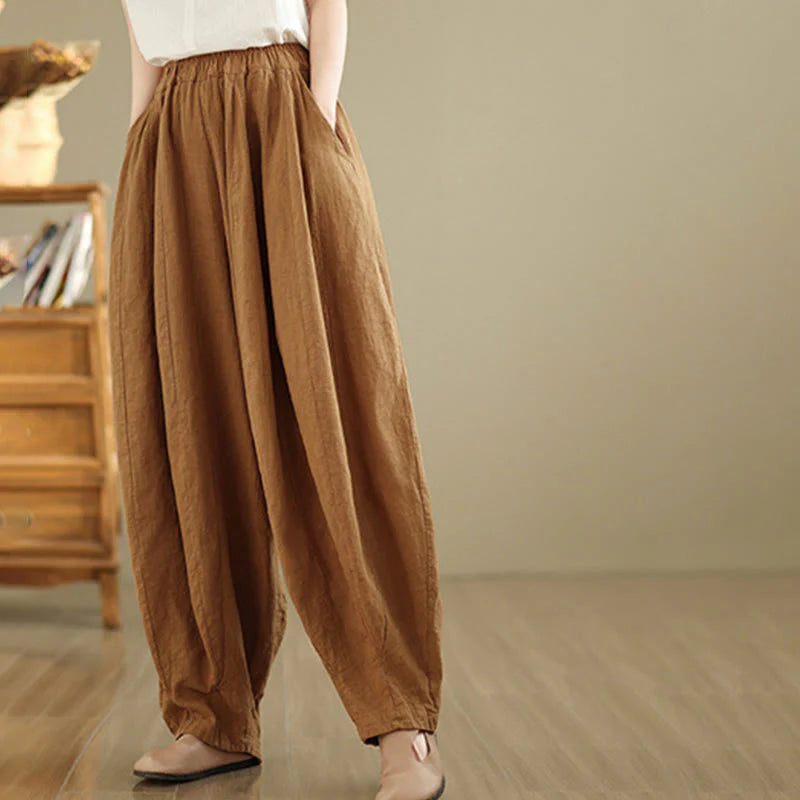 Buddha Stones Vintage Patchwork Lantern Design Cotton Linen Women's Wide Leg Pants With Pockets