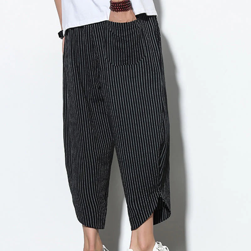 Buddha Stones Summer Stripes Pattern Drawstring Cotton Linen Men's 7-8 Length Harem Pants With Pockets