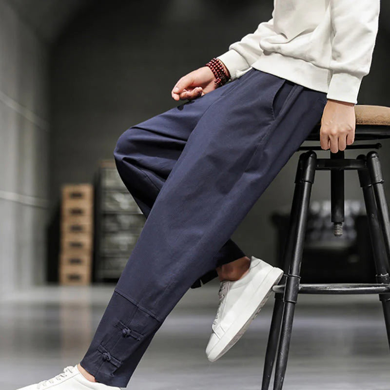Buddha Stones Drawstring Elastic Waist Frog-Button Ankle-Length Men's Cotton Pants With Pockets