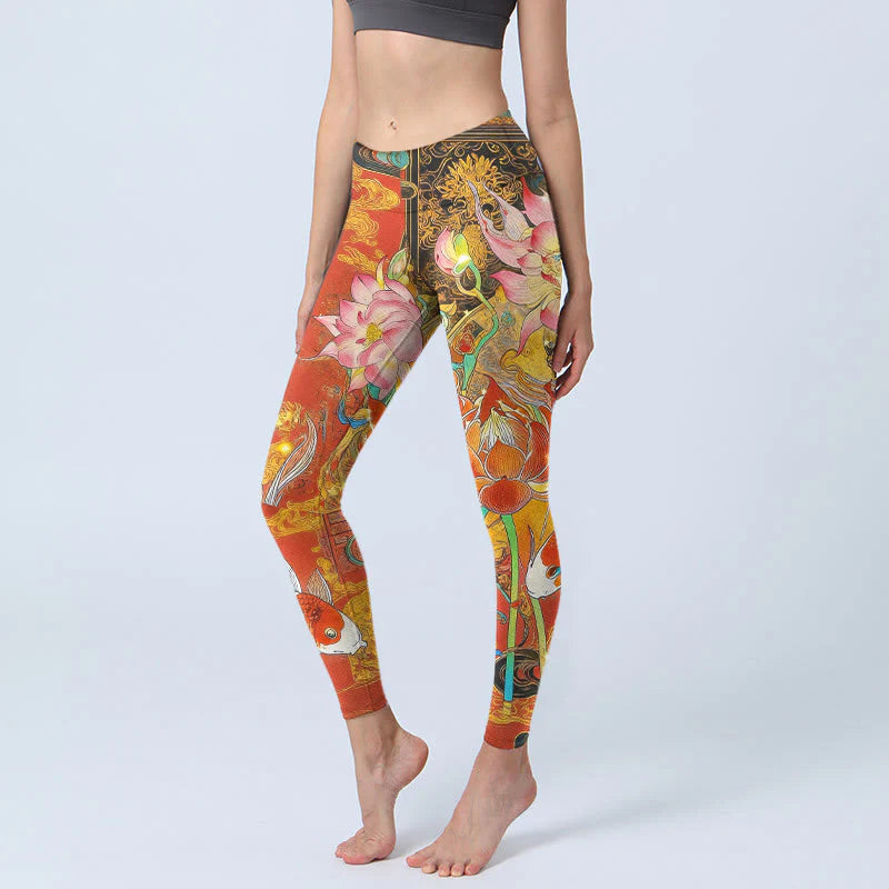 Buddha Stones Koi Fish Lotus Cloud Pattern Print Gym Leggings Women's Yoga Pants