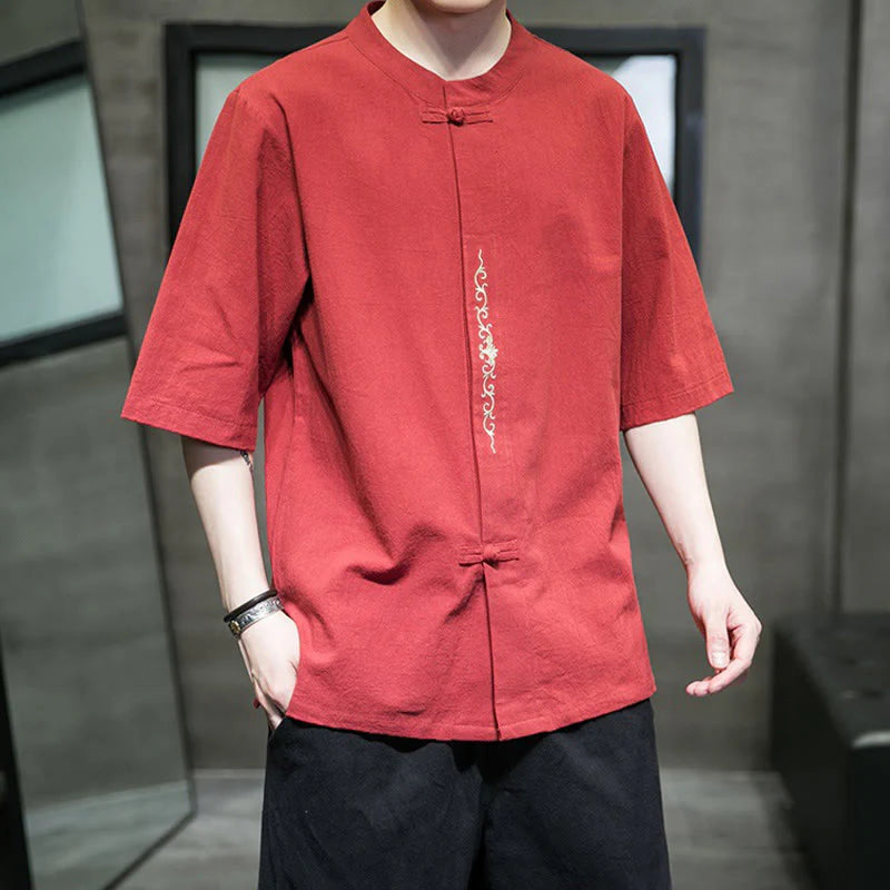 Buddha Stones Casual Solid Color Frog-Button Embroidery Men's Cotton Linen Shirt Cardigan