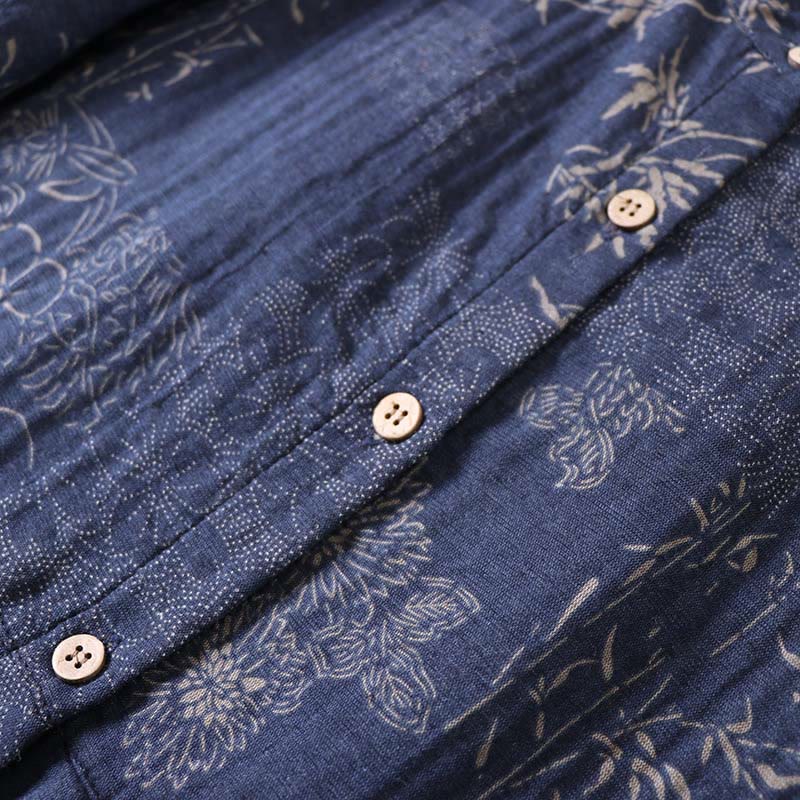 Buddha Stones Commute Bamboo Floral Pattern Long Sleeve Buttons Women's Cotton Midi Dress With Pockets