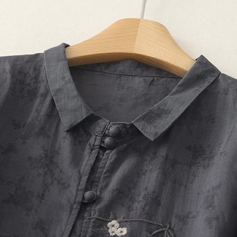 Buddha Stones Stand Collar Embroidery Button Design Three Quarter Sleeve Summer Women's Shirt