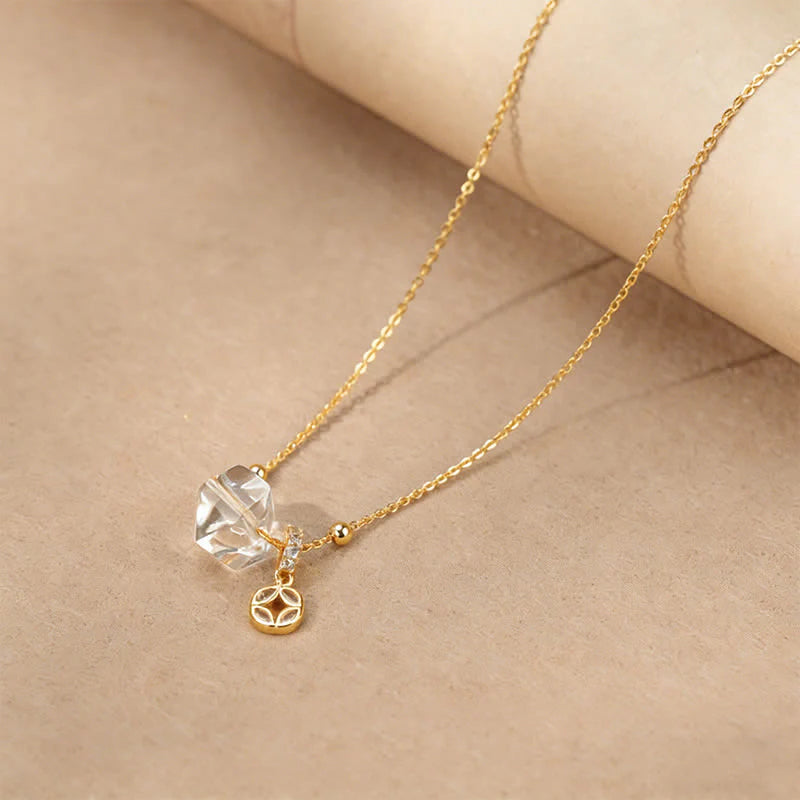 Buddha Stones Natural Clear Quartz Copper Coin Healing Necklace