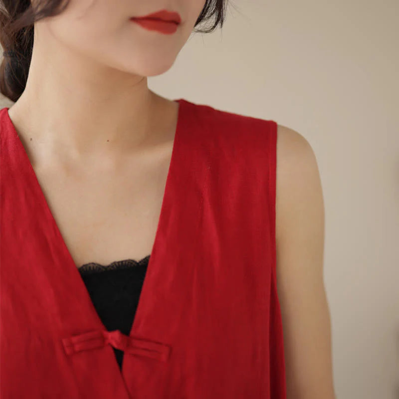 Buddha Stones Casual Lace-Up Simple Sleeveless Design Women's Cotton Linen Jumpsuit With Pockets