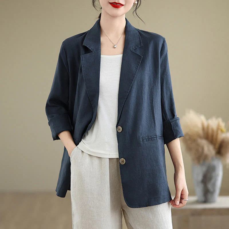 Buddha Stones Spring Solid Color Long Sleeve Cotton Linen Women's Jacket With Pockets