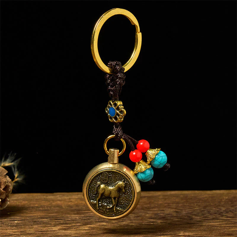 Buddha Stones Year of the Horse Bringing in Wealth and Treasure Brass Key Chain