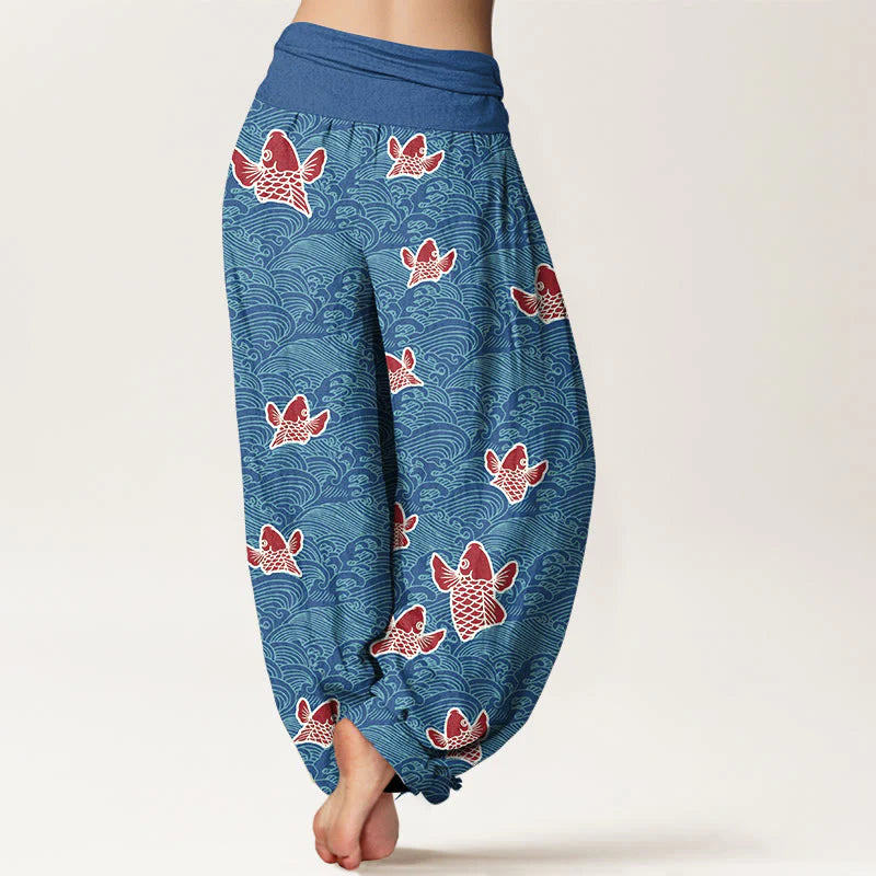 Buddha Stones Print Koi Fishes Waves Pattern Women's Elastic Waist Harem Pure Cotton Pants