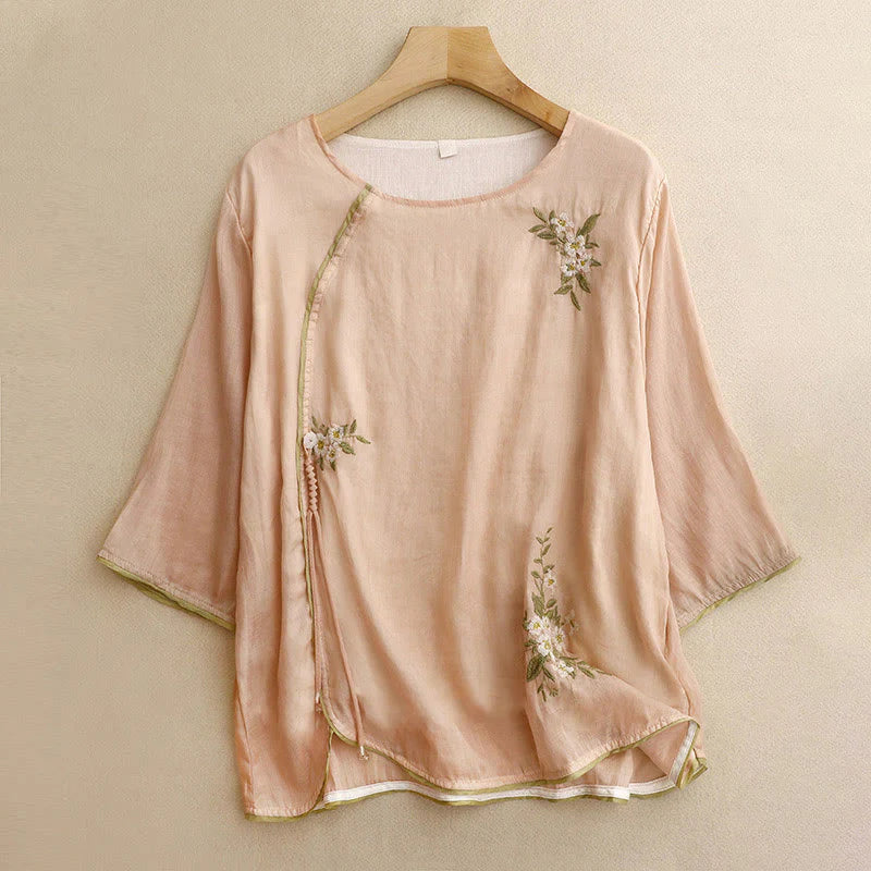 Buddha Stones Beige Floral Green Leaf Embroidery Crew Neck Three Quarter Sleeve Women's Cotton Shirt