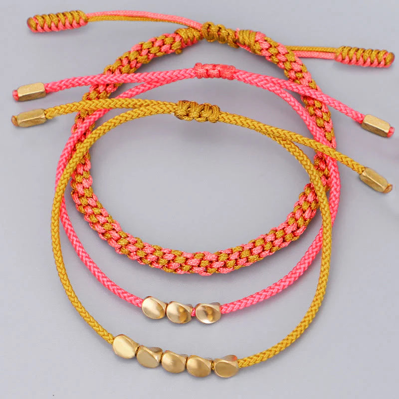 Buddha Stones 3Pcs Pink Yellow String Golden Copper Beads Wealth Bracelet