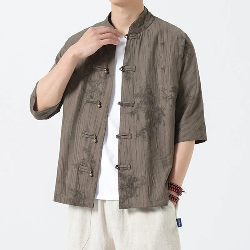 Buddha Stones Summer Pine Needles Pattern Short Sleeve Frog-Button Design Men's Shirt