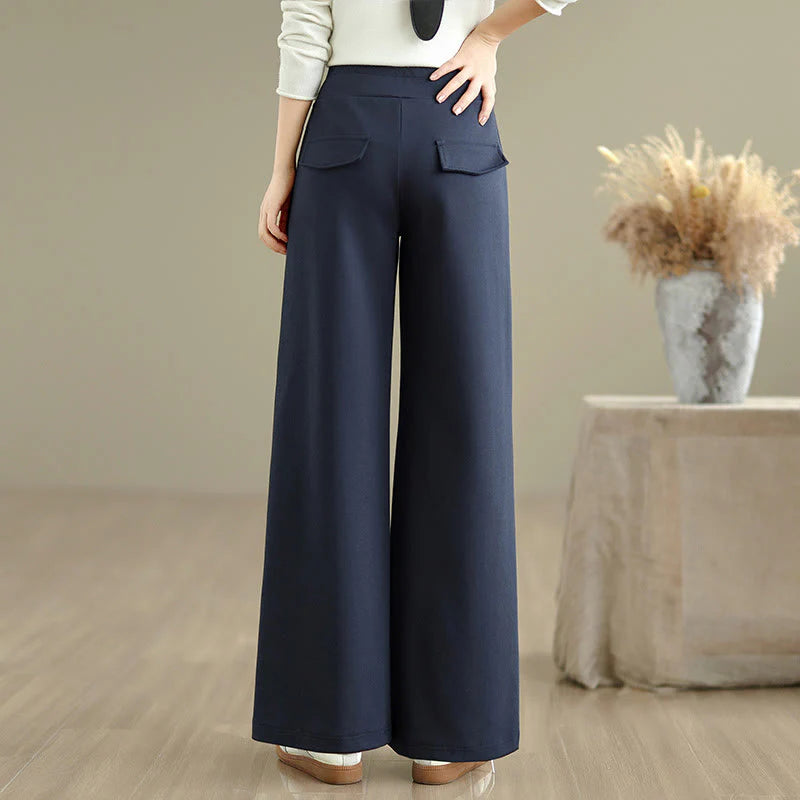 Buddha Stones Plain Drawstring Cotton Polyester Women's Wide Leg Pants With Pockets