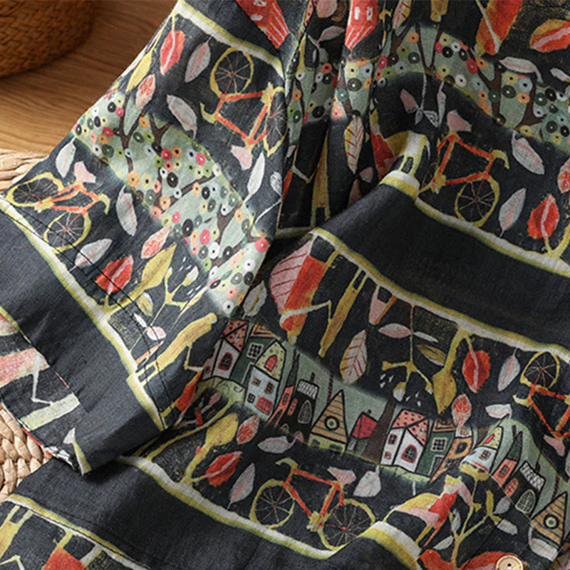 Buddha Stones Plant Printed V-neck Button Design Women's Polyester Three Quarter Sleeve Shirt Cardigan